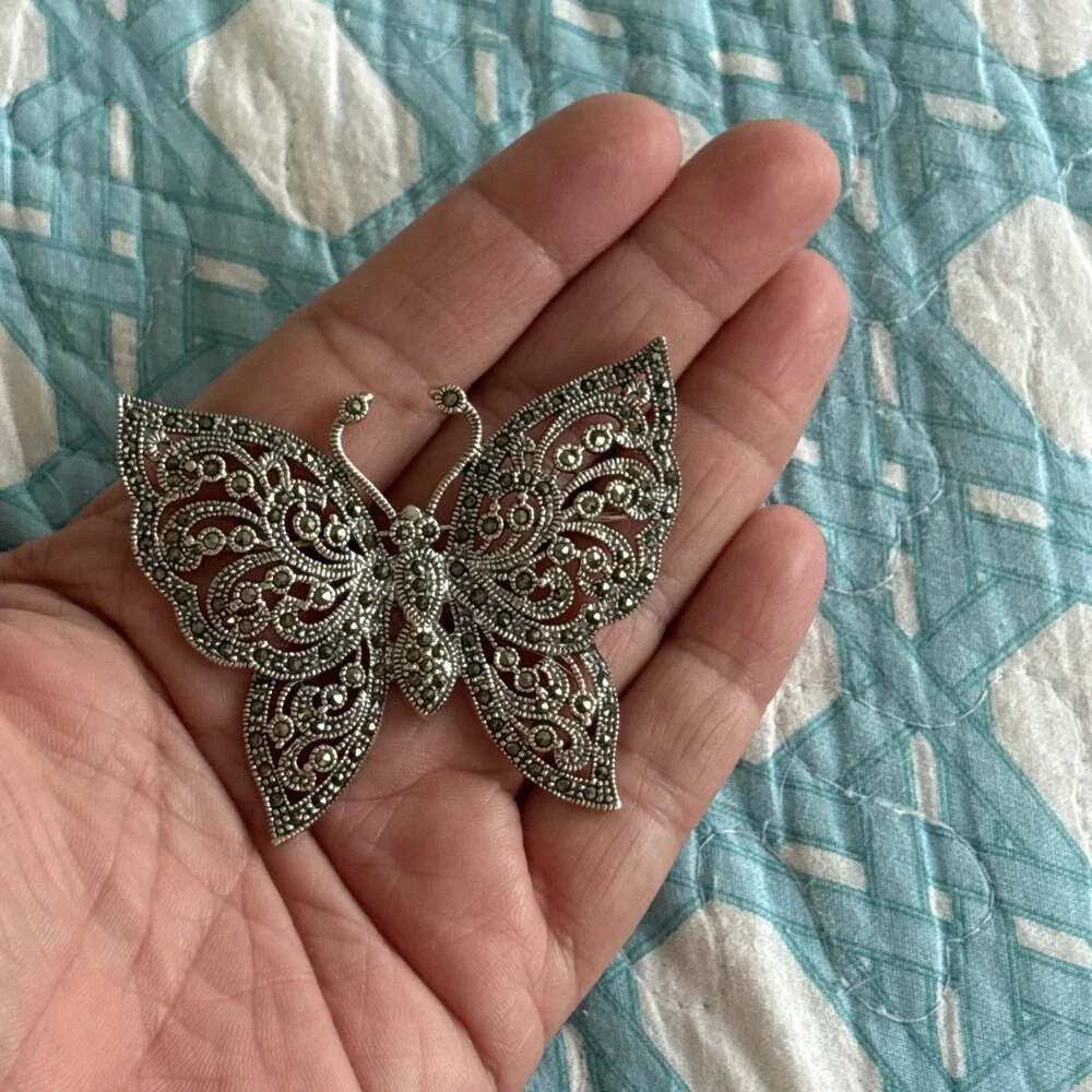 Sterling Silver Large Marcasite Butterfly Brooch Pin Bold Statement NF Thailand